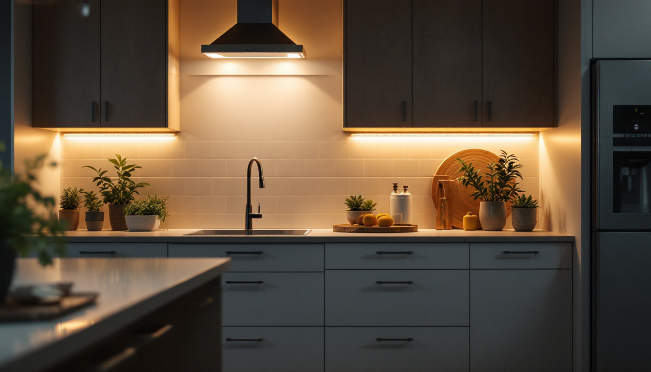 A photograph of a beautifully lit kitchen featuring under-cabinet lighting that highlights the countertop workspace