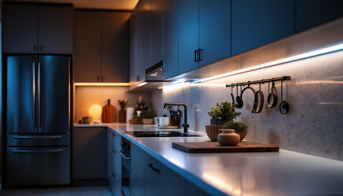 A photograph of a modern kitchen featuring under-cabinet led strip lighting