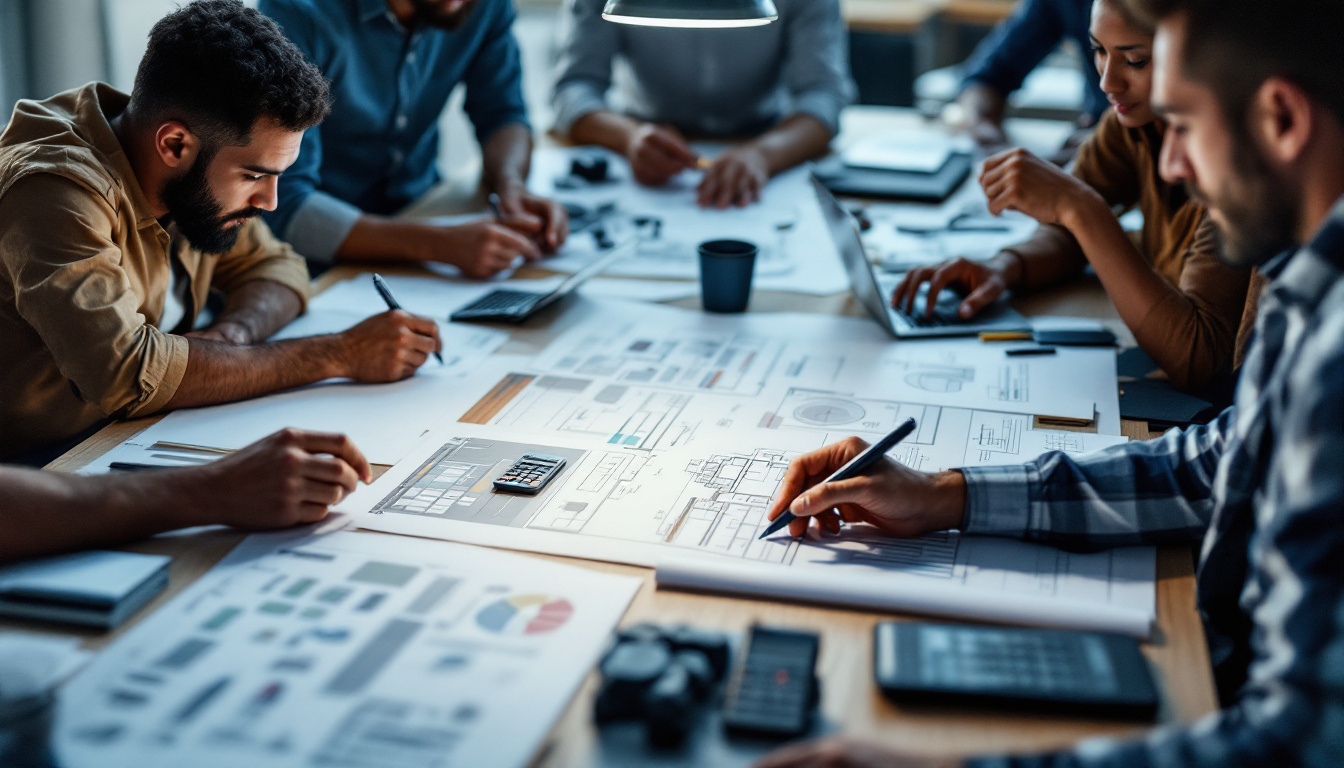 A photograph of a diverse group of electrical engineers collaborating around a table filled with lighting design schematics