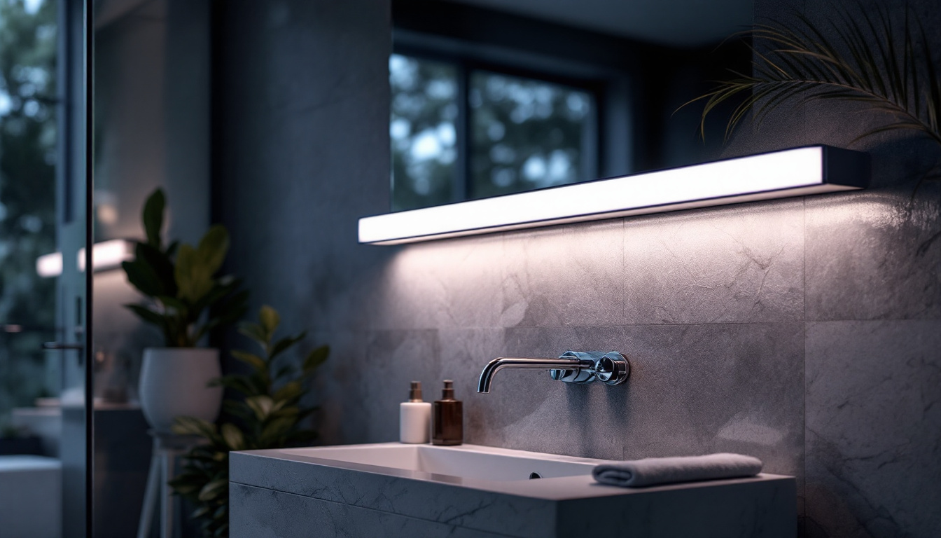 A photograph of a stylish long vanity light installed in a modern bathroom setting
