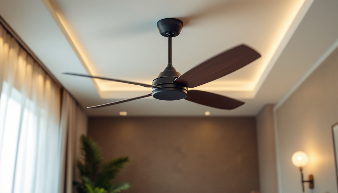 A photograph of a stylish and modern ceiling fan in an elegantly lit room