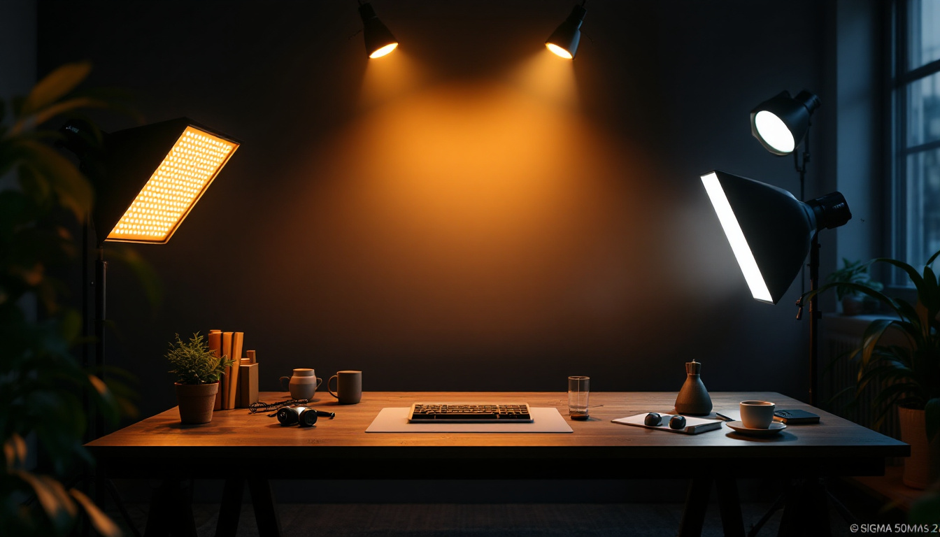 A photograph of a well-designed lighting setup featuring various led fixtures in a creative workspace