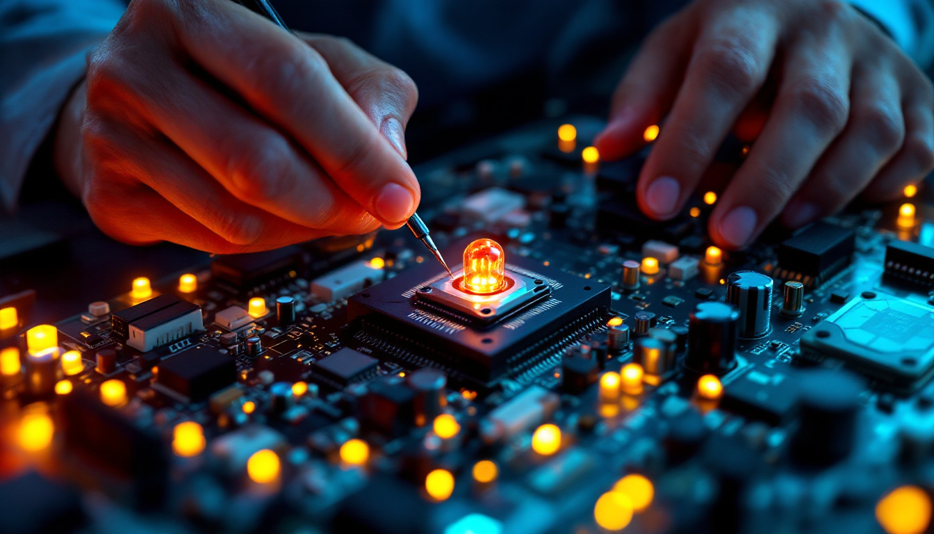 A photograph of a close-up shot of an electrical engineer working on a led light driver circuit