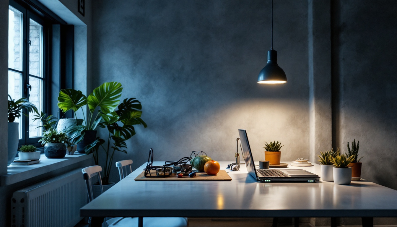 A photograph of a well-lit workspace featuring t8 led tube bulbs installed in a modern setting