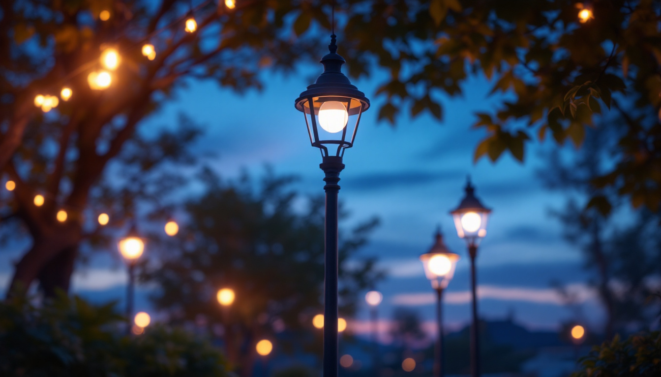 A photograph of a beautifully illuminated outdoor space featuring various styles of electric lamps
