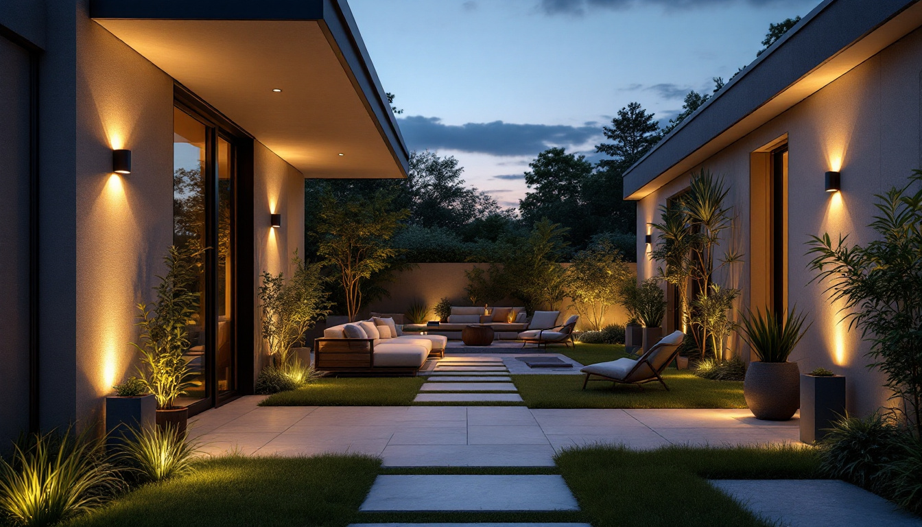 A photograph of a beautifully designed outdoor space illuminated by recessed lighting at dusk