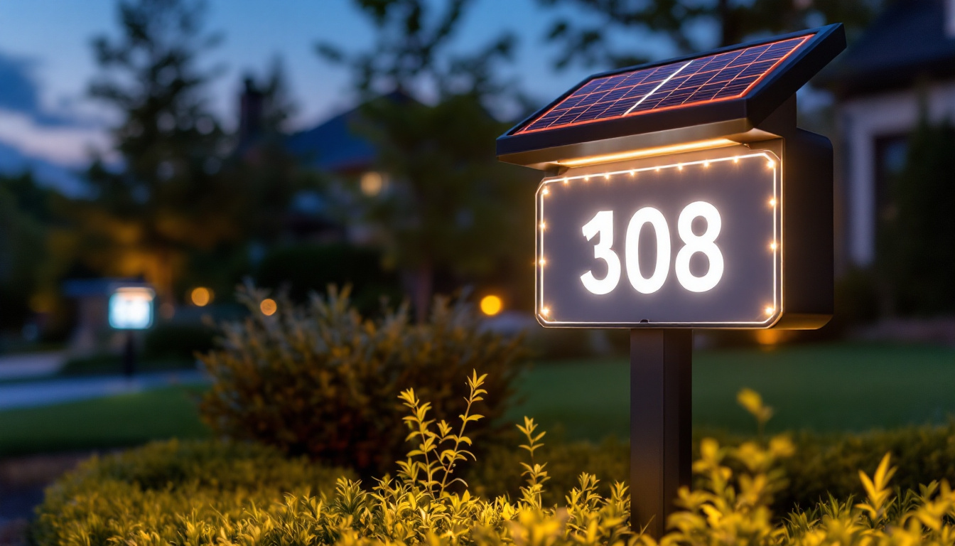 A photograph of a beautifully illuminated solar-powered address sign at dusk