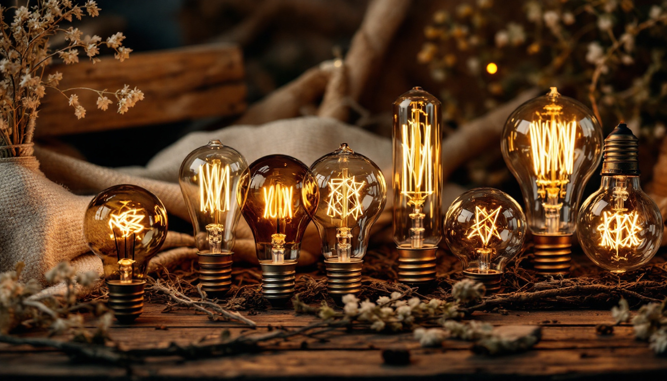 A photograph of an elegantly arranged display of antique light bulbs