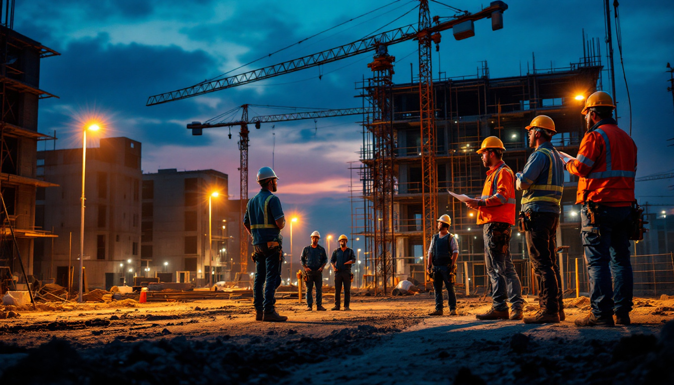 A photograph of a well-lit construction site at dusk