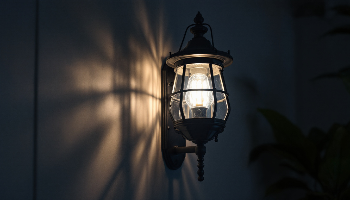 A photograph of a beautifully designed lighthouse sconce illuminated in a dimly lit environment