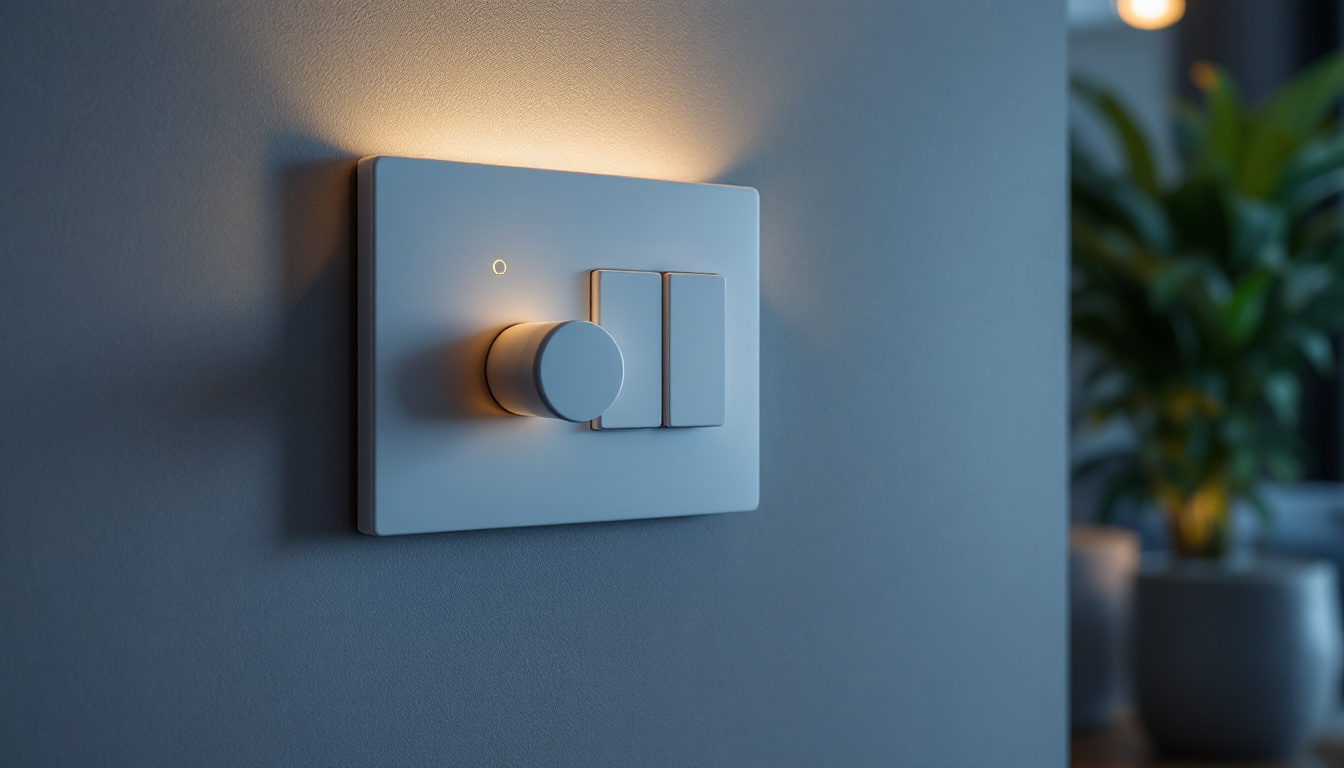 A photograph of a modern three-way light switch installation in a stylish home setting