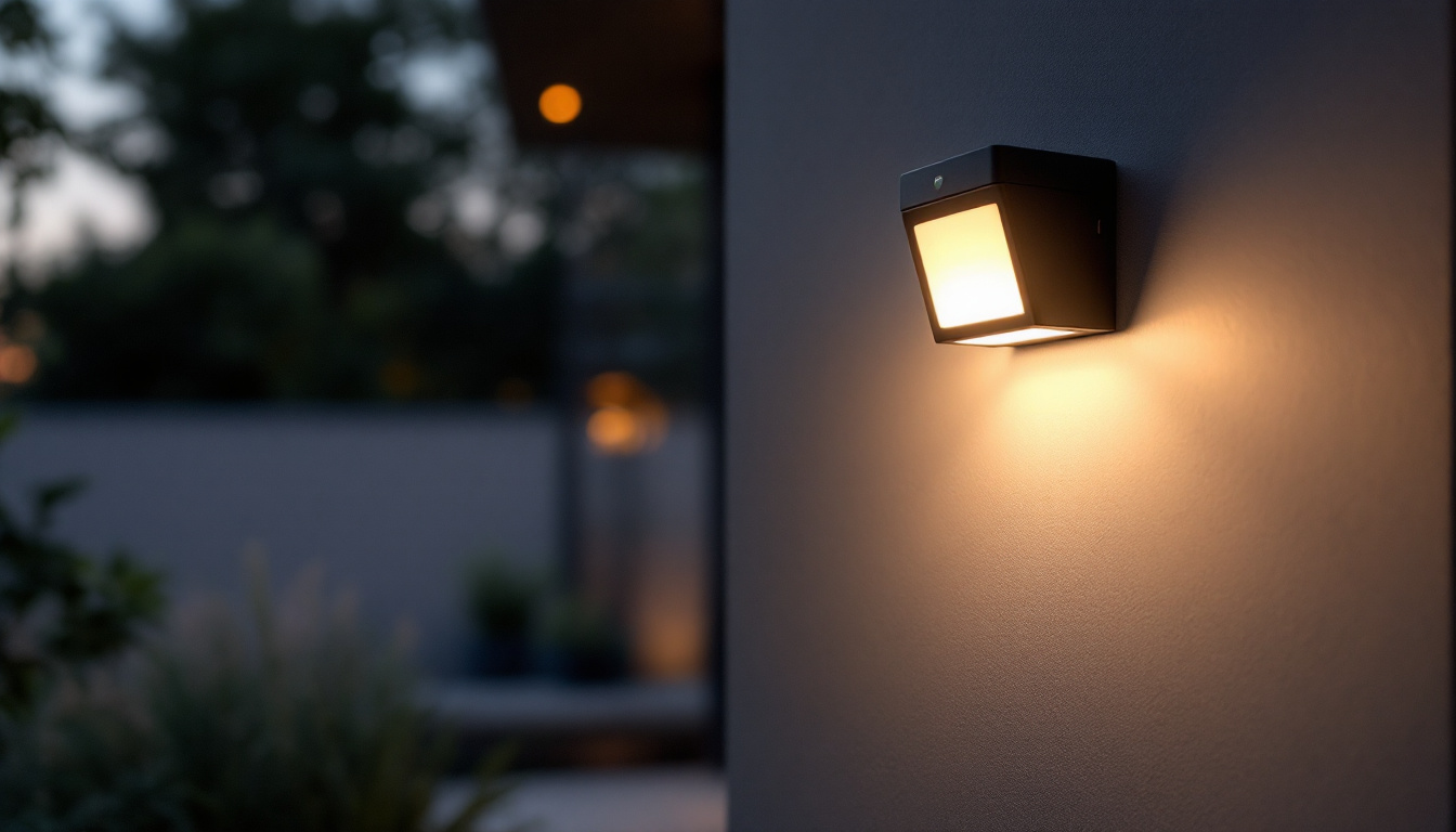 A photograph of a sleek motion sensor light fixture installed in a modern outdoor setting