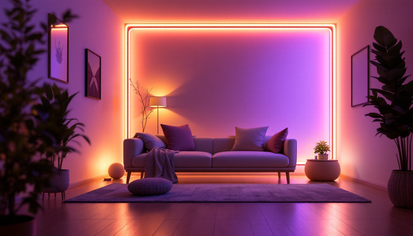A photograph of a stylishly designed room featuring a plug-in strip light installed along the edges
