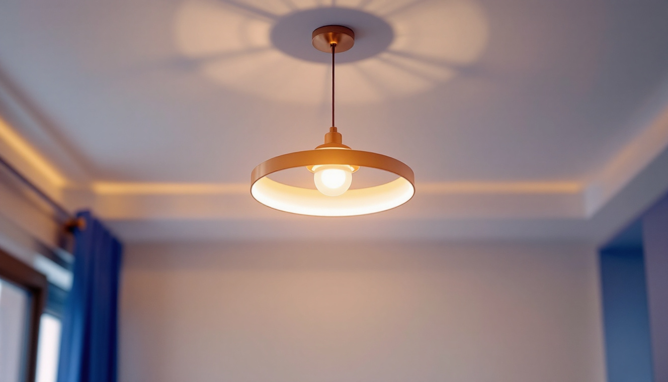 A photograph of a stylish ceiling pendant light elegantly illuminating a modern interior space