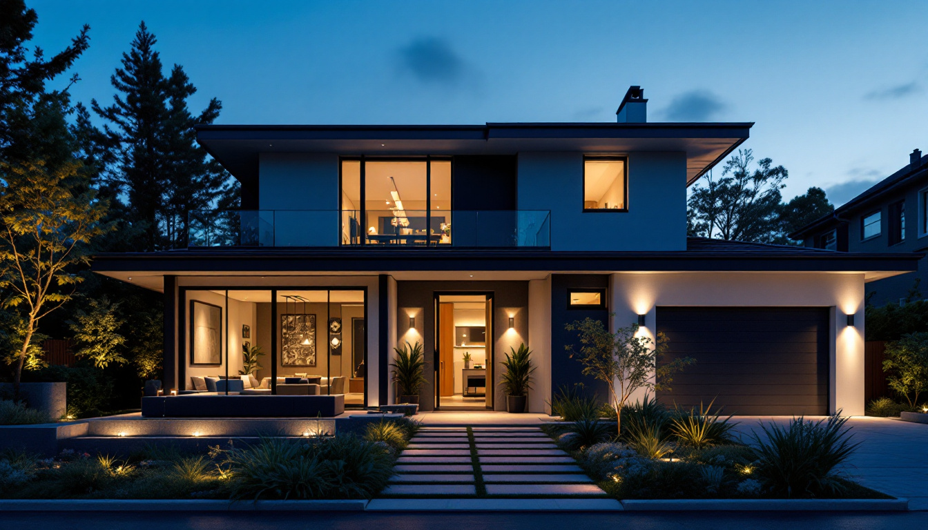 A photograph of a stylish modern exterior of a house showcasing sleek outdoor lighting fixtures