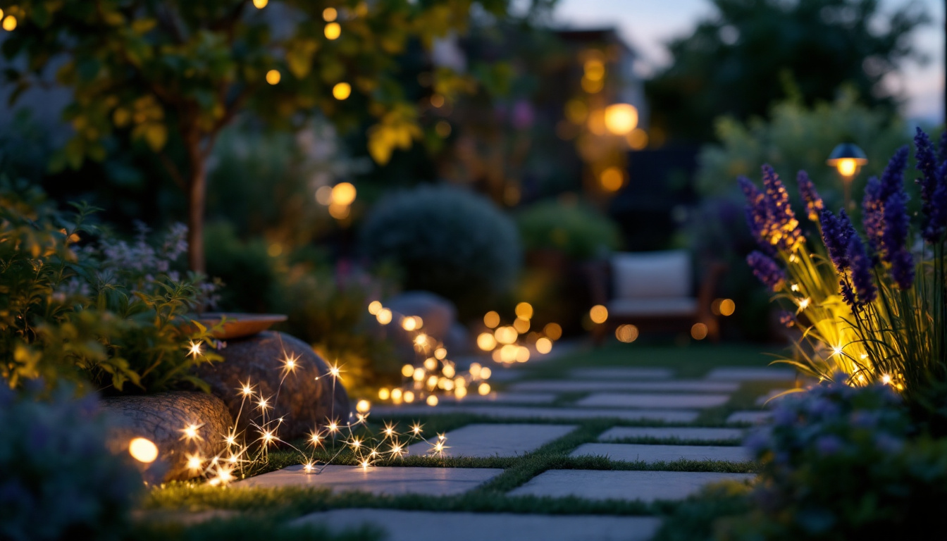 A photograph of a beautifully arranged outdoor scene featuring solar-powered decorative lights illuminating a garden or patio at dusk