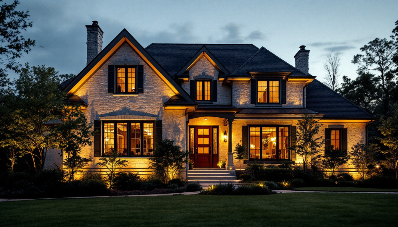 A photograph of a beautifully illuminated exterior of a house at dusk