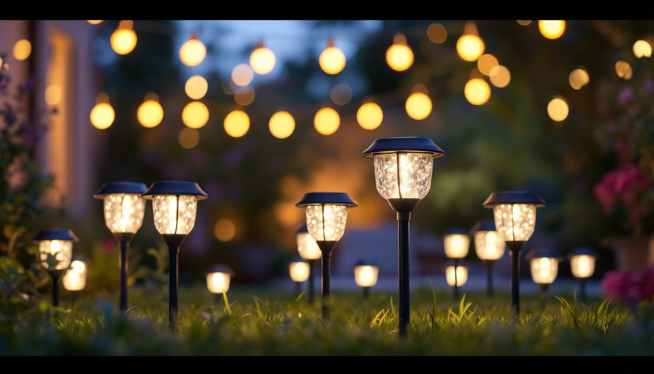 A photograph of a beautifully illuminated outdoor scene featuring various styles of waterproof solar lights in a garden or patio setting