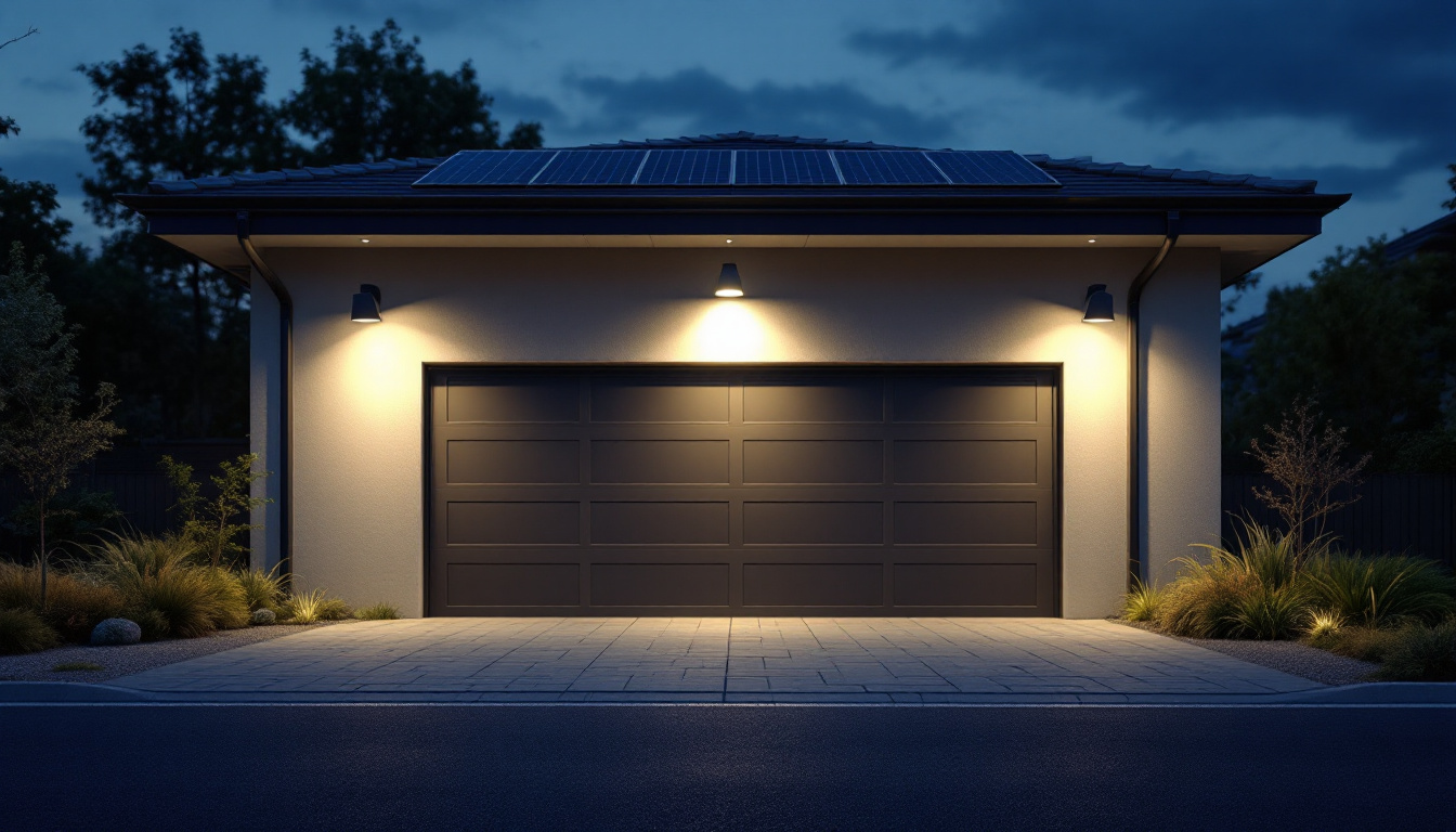 A photograph of an outdoor garage illuminated by solar lights at dusk