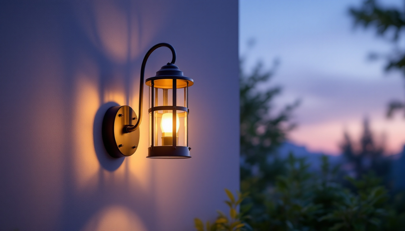 A photograph of a beautifully designed wall-mounted solar lantern illuminating an outdoor space at dusk