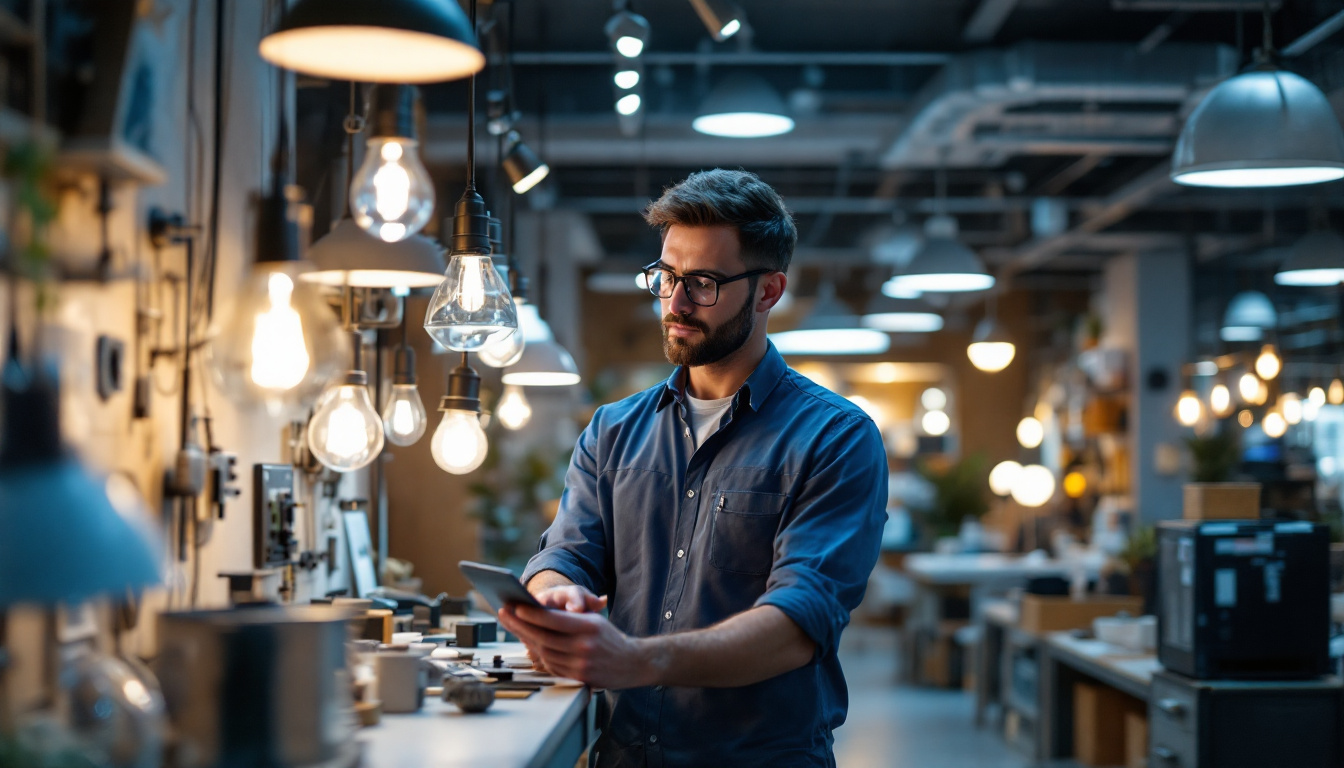 A photograph of a professional electrical engineer examining a variety of modern lighting fixtures and electrical components in a well-lit showroom