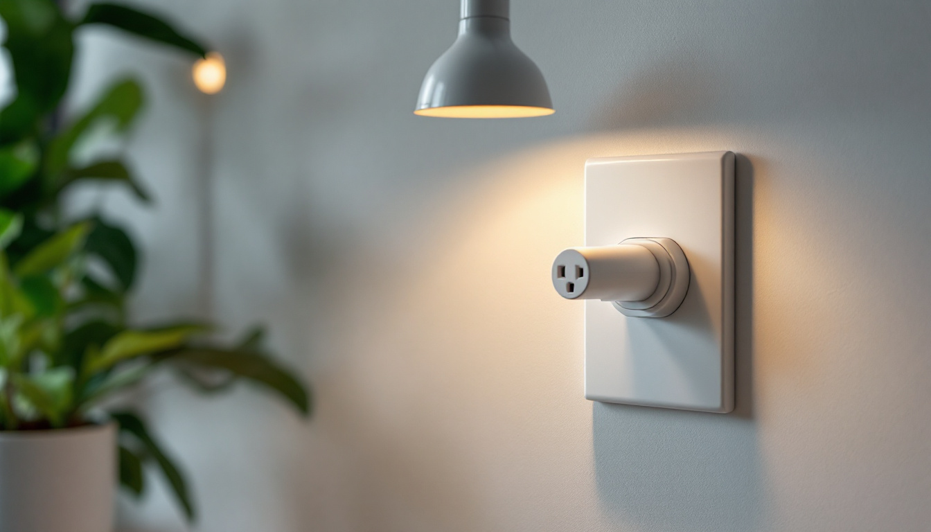 A photograph of a well-lit interior space featuring a stylish wall plug outlet in use