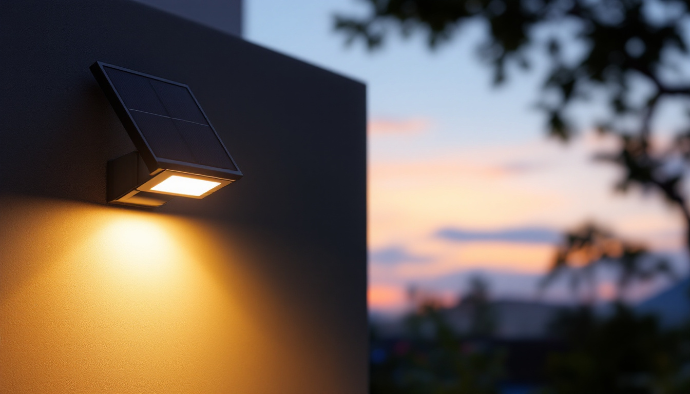 A photograph of a solar-powered light fixture illuminating a modern outdoor space at dusk