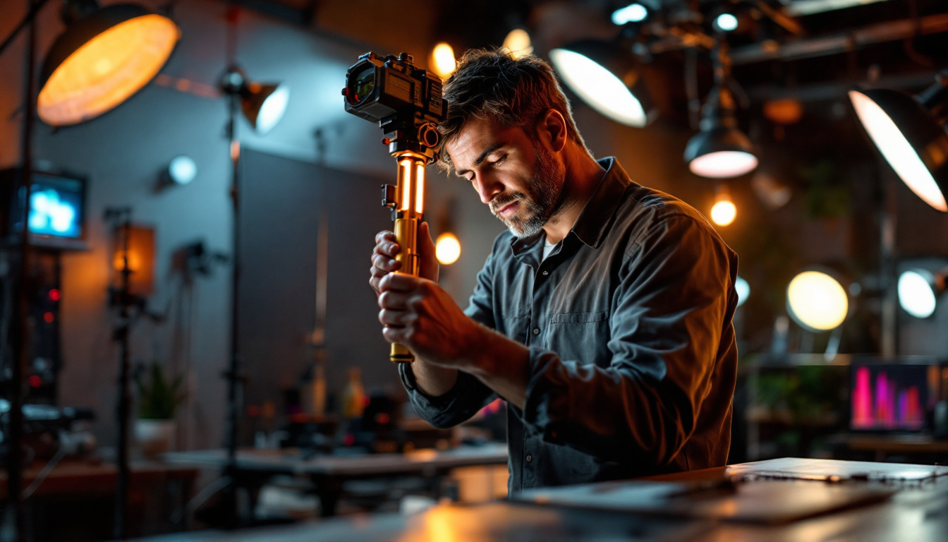 A photograph of capture a photograph of a lighting technician measuring light levels in a vibrant