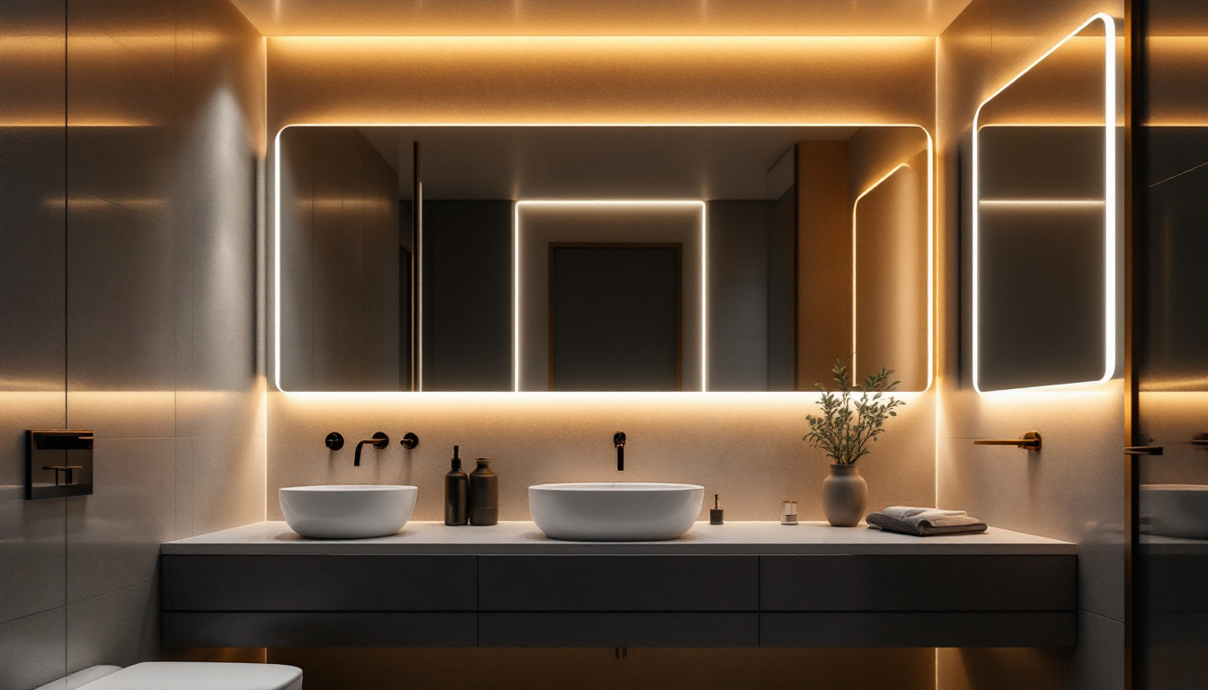 A photograph of a modern bathroom featuring sleek led ceiling lights