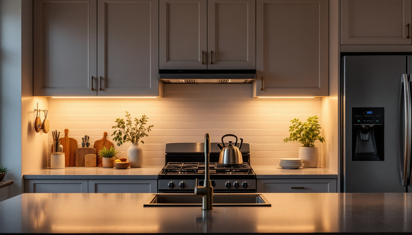 A photograph of a stylish kitchen featuring under cabinet lighting