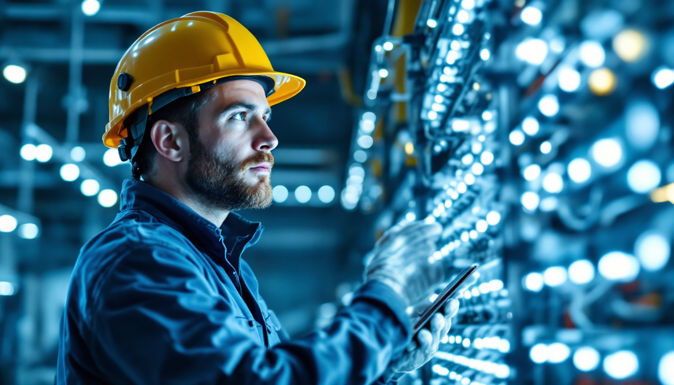 A photograph of a skilled electrical engineer examining a modern lighting system in a well-lit environment