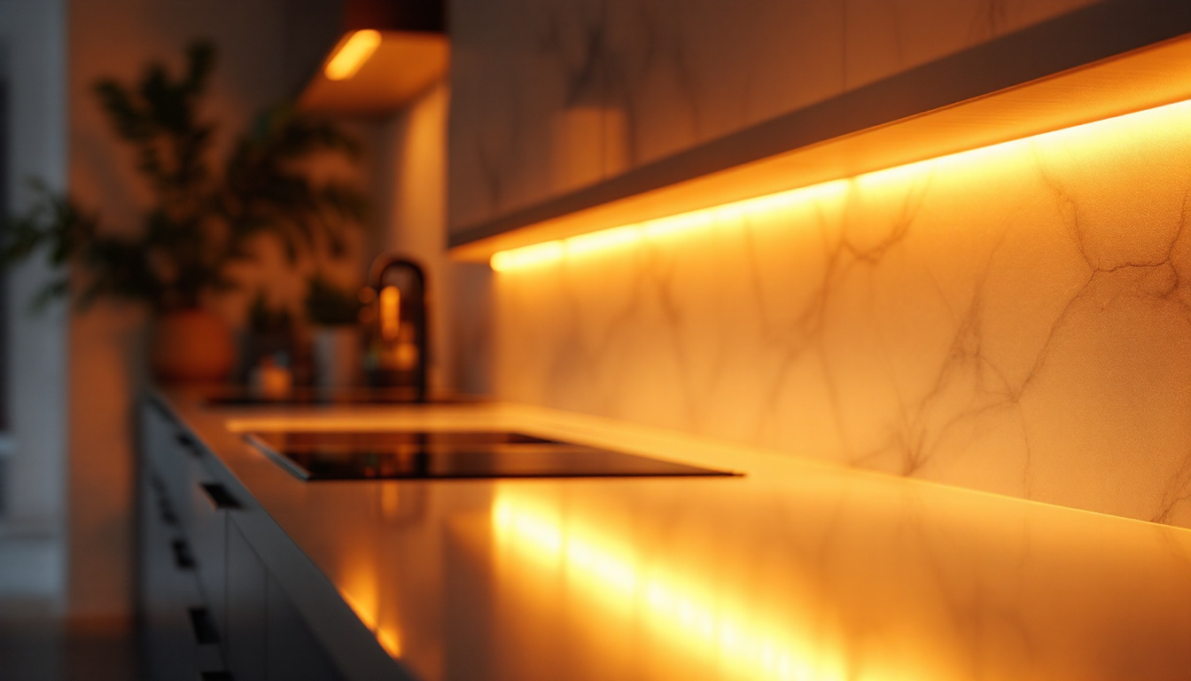 A photograph of a beautifully illuminated kitchen counter featuring led strip lighting