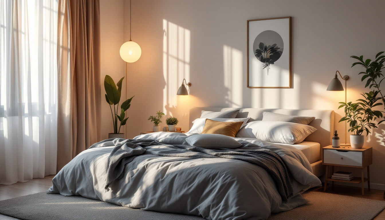 A photograph of a beautifully lit bedroom scene showcasing a stylish light bed setup