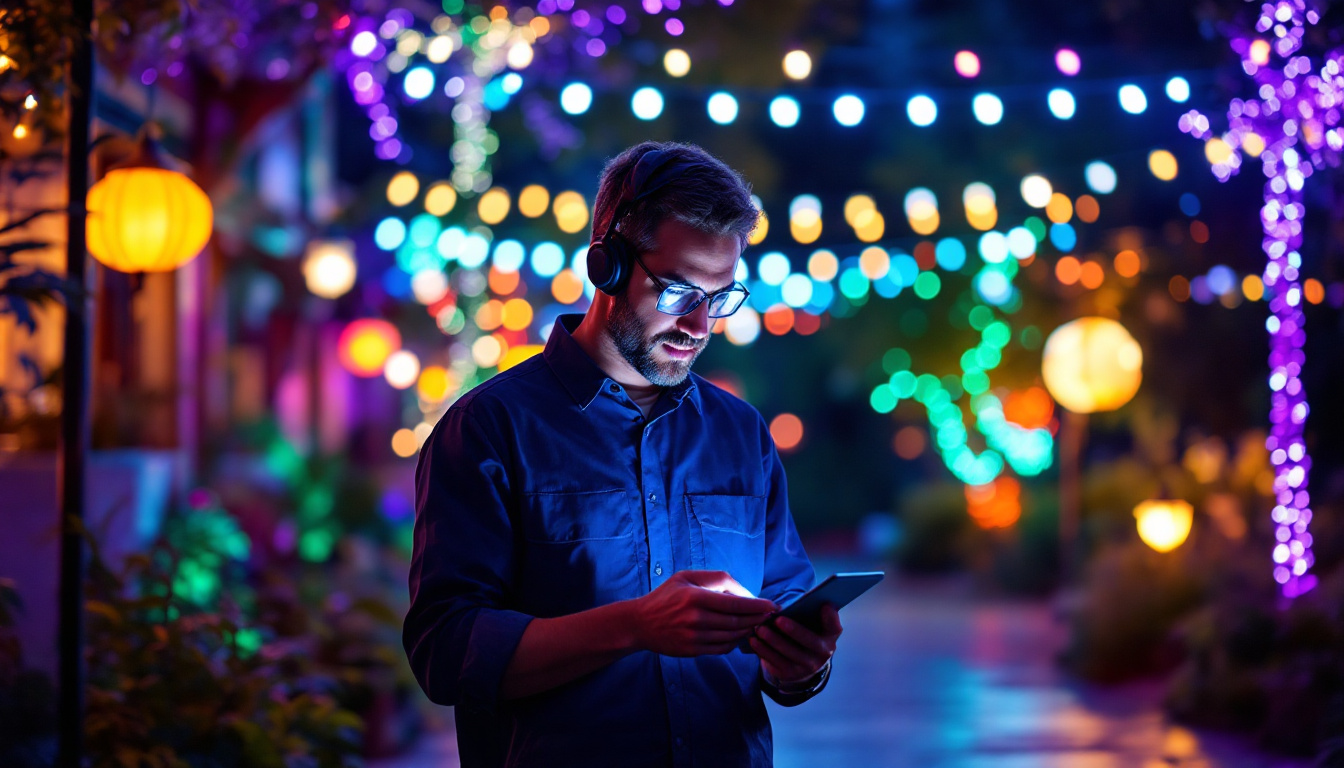 A photograph of a vibrant outdoor scene illuminated by various led lighting installations