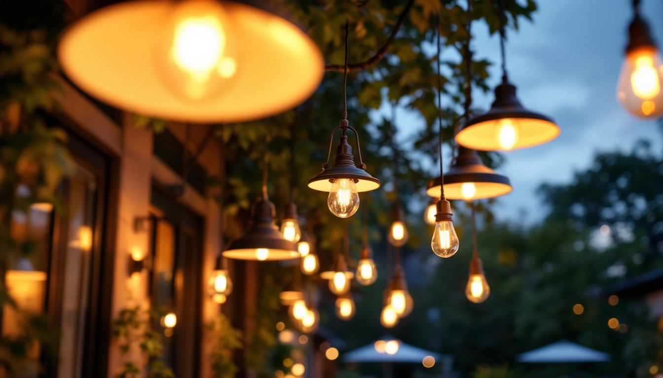 A photograph of a beautifully illuminated outdoor space featuring various hanging light fixtures
