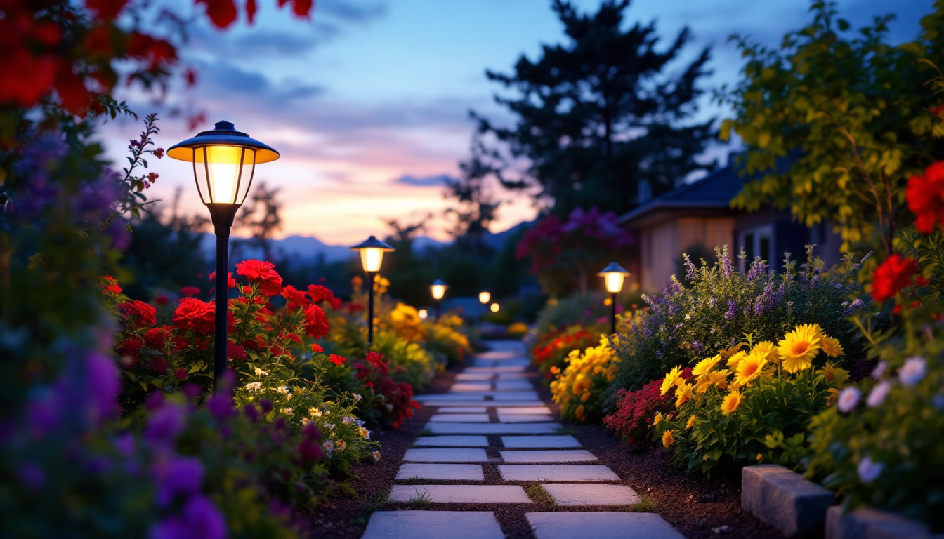 A photograph of a beautifully lit garden scene at dusk
