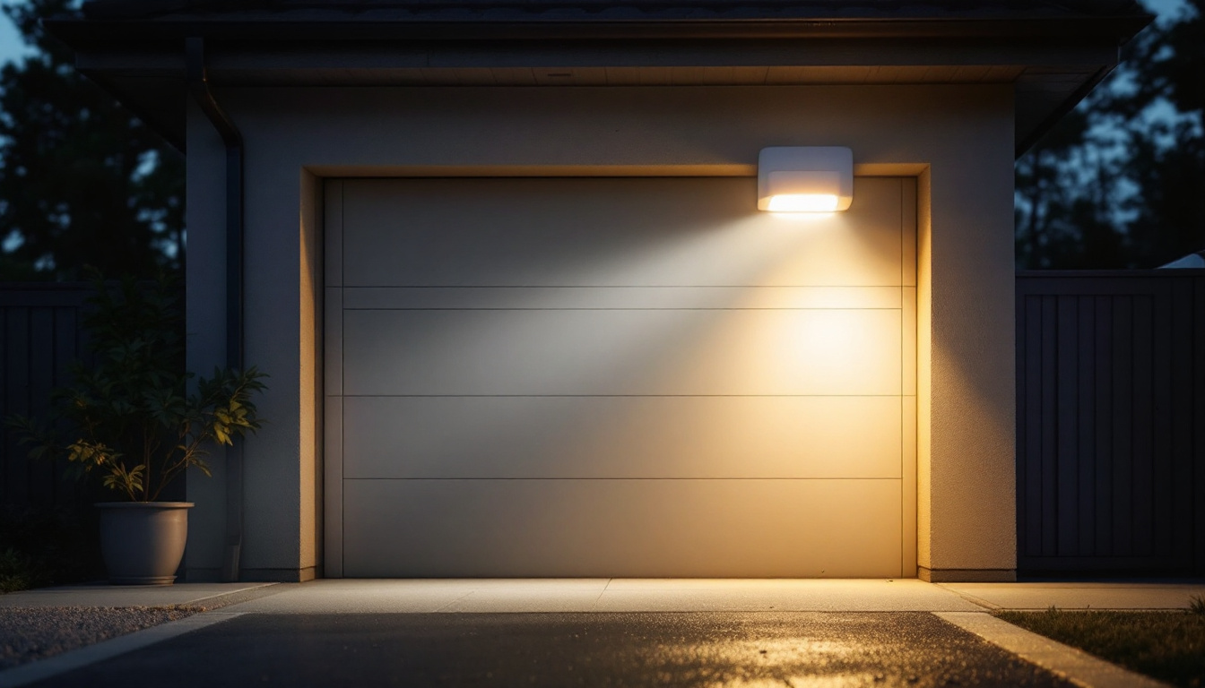 A photograph of a well-lit garage showcasing a motion sensor light in action