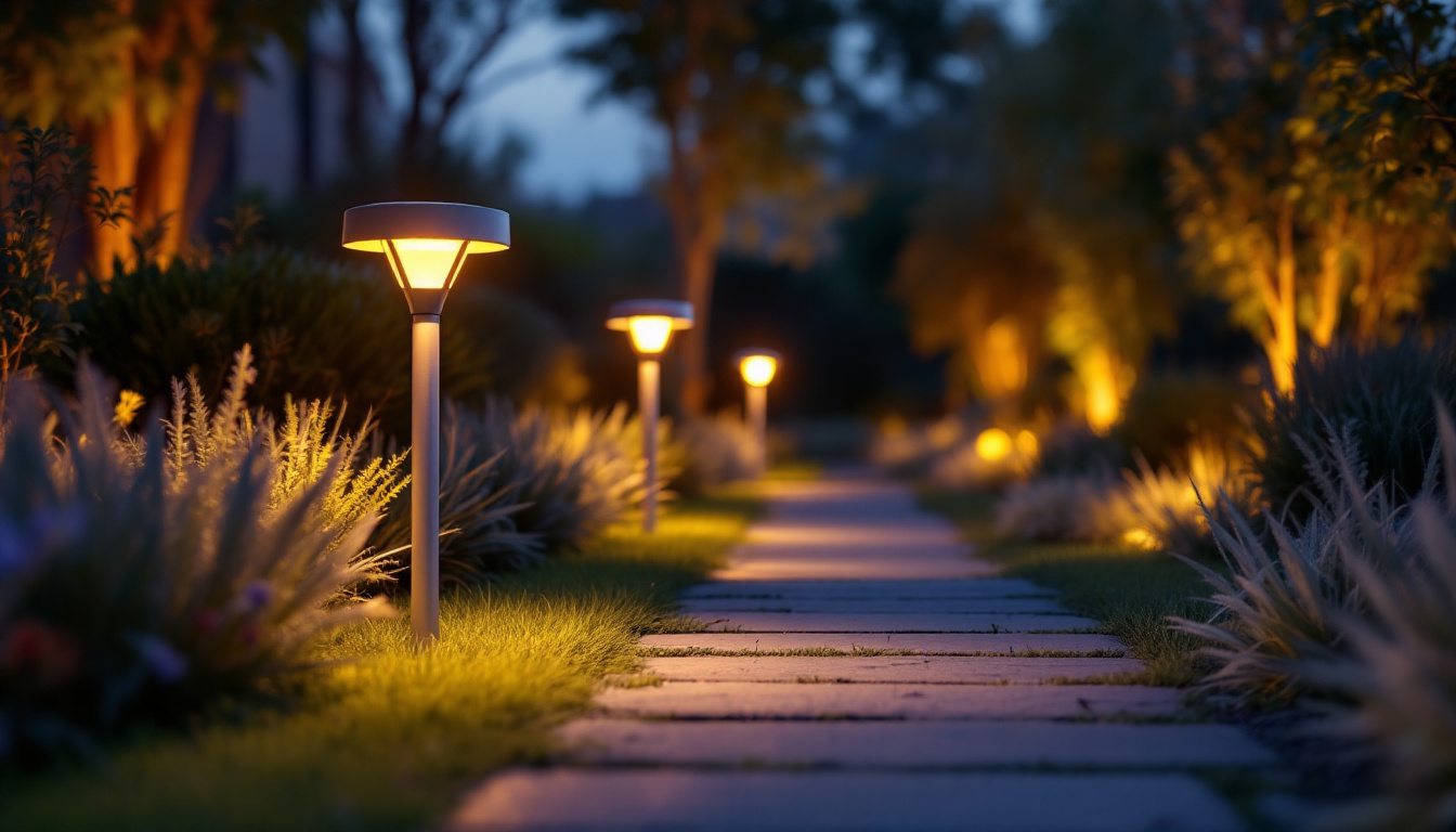 A photograph of a beautifully illuminated pathway featuring sleek solar aluminum lights in a serene outdoor setting