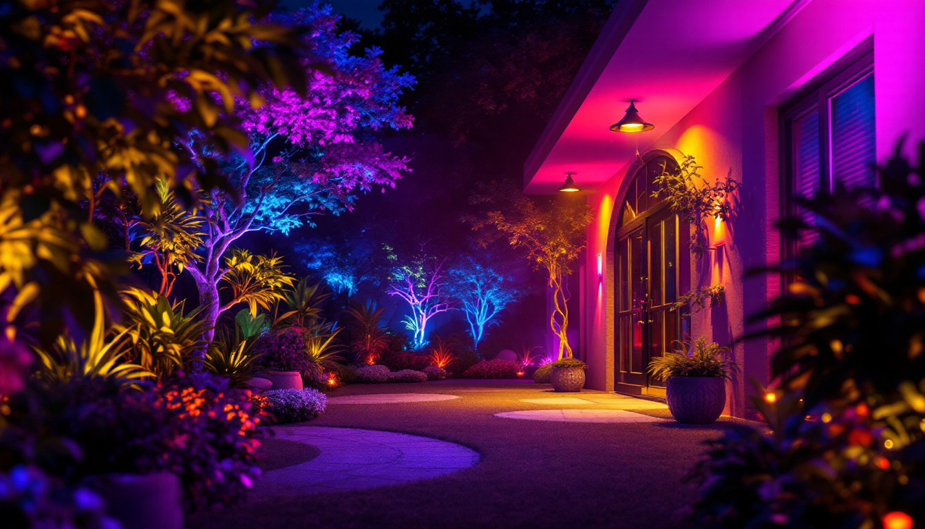 A photograph of a vibrant outdoor scene illuminated by a variety of colored lights