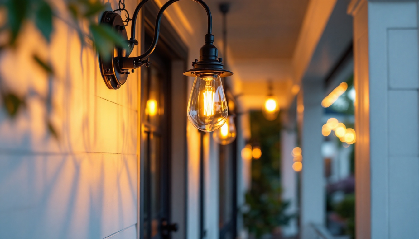 A photograph of a beautifully designed front porch showcasing a well-lit hanging light fixture