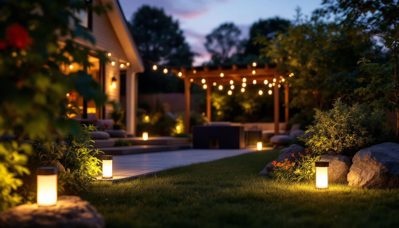 A photograph of a beautifully lit outdoor space featuring volt solar lights illuminating a garden or patio at dusk