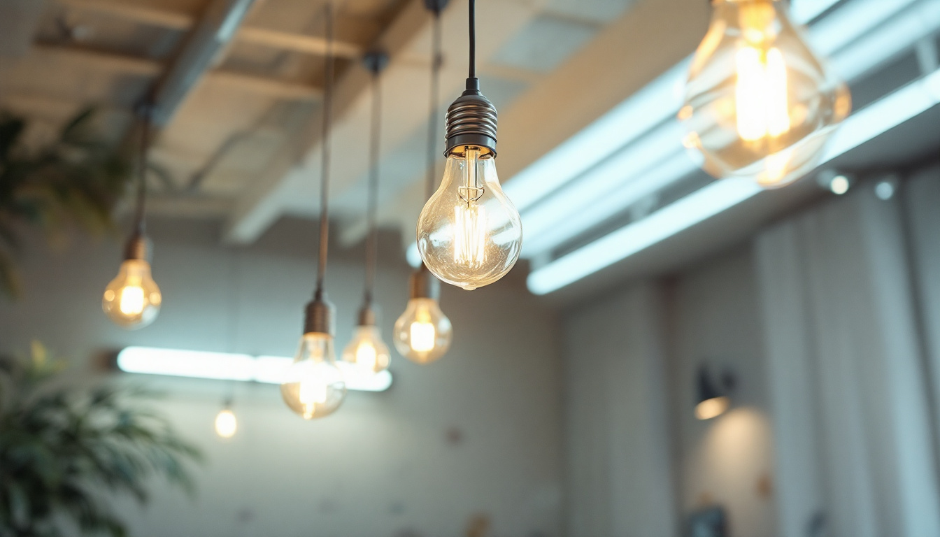 A photograph of a well-lit room featuring a variety of fluorescent bulbs in stylish fixtures