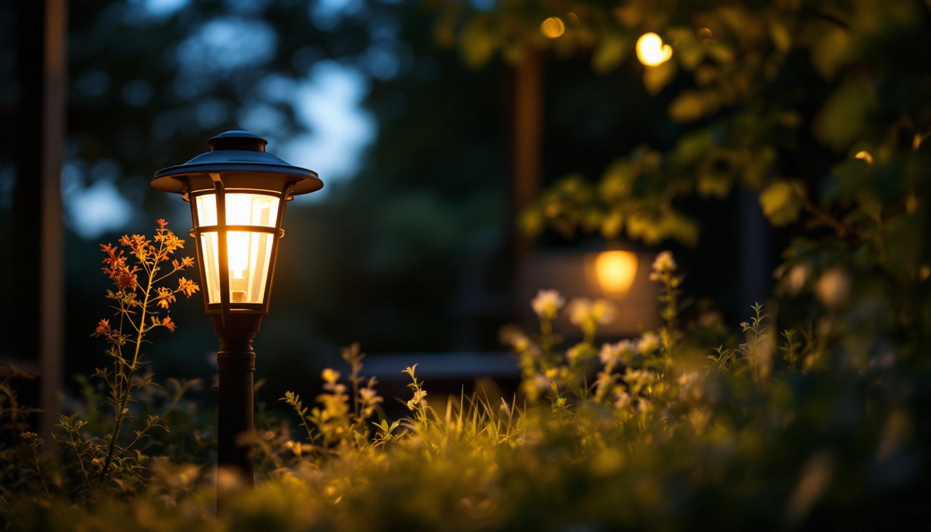 A photograph of a beautifully designed outdoor lamp illuminating a serene garden or patio setting at dusk