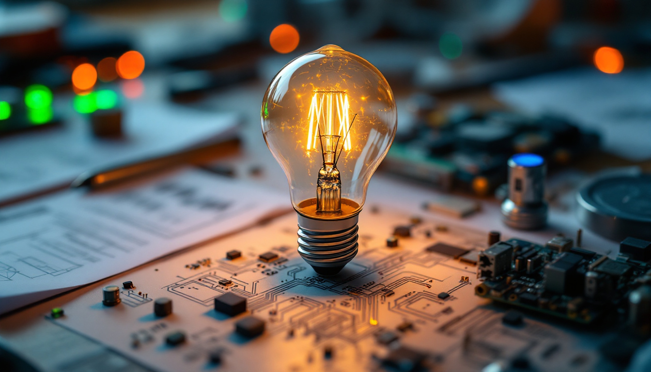 A photograph of a close-up of a glowing lightbulb surrounded by electrical engineering tools