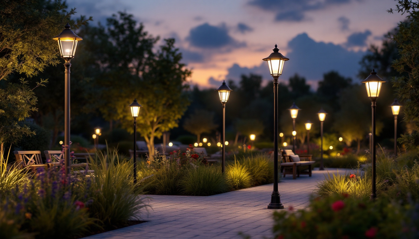 A photograph of a beautifully illuminated outdoor space featuring a variety of stylish post lights in different designs and settings