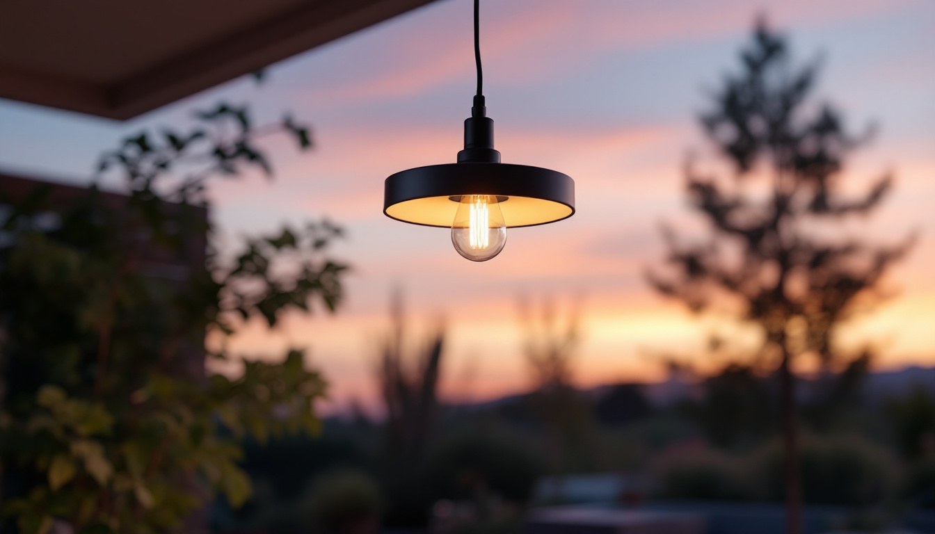 A photograph of a beautifully designed outdoor ceiling light fixture illuminating a stylish patio or garden space during twilight