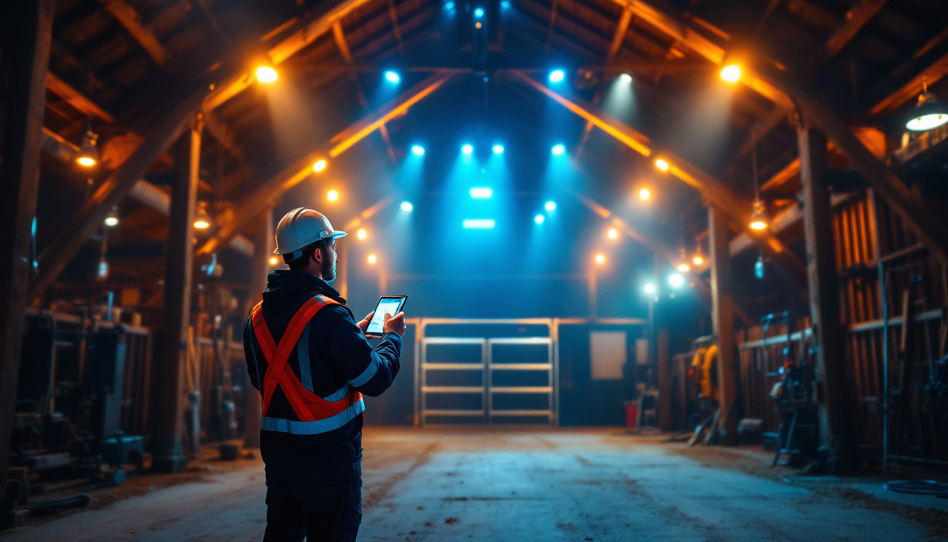A photograph of a modern barn interior showcasing vibrant led lights illuminating the space