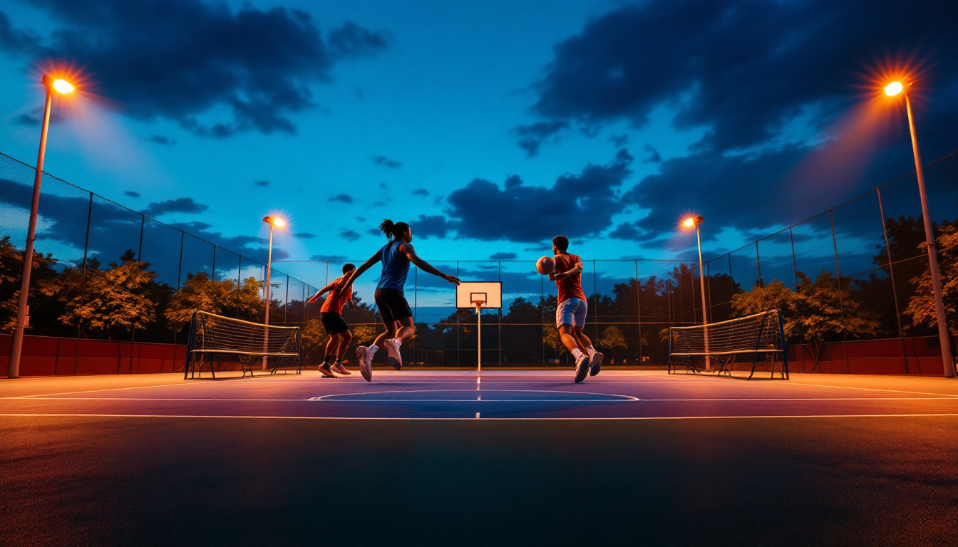A photograph of a well-lit sport court at dusk