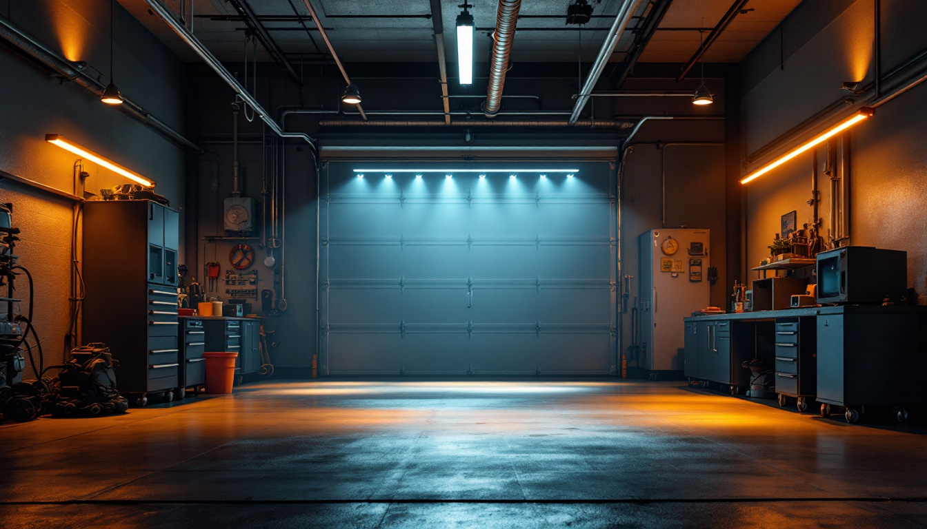 A photograph of a well-lit garage space showcasing motion lights in action