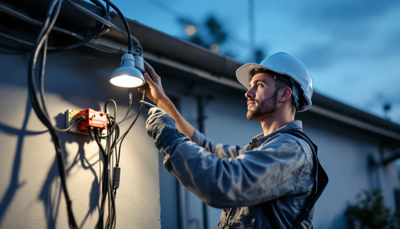 A photograph of a skilled electrical engineer inspecting a flood light fixture installation
